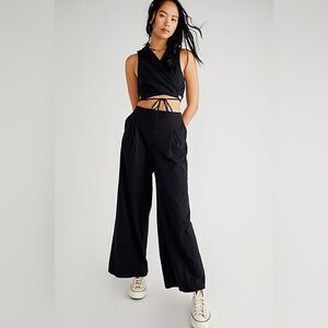 Free People FP Beach Sunday Funday Jumpsuit Black Wide Leg XS